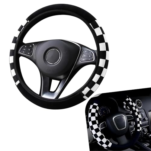 1 PC Fluffy Car Steering Wheel Covers, 14.5" -15" Soft Plush Warm Plaid Steering Wheel Protector, Universal for Most Cars, Trucks, SUVs (Black)