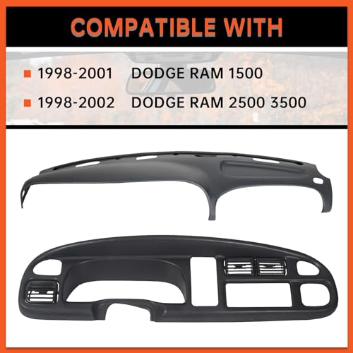 ECOTRIC Dash & Bezel Cover Compatible with 1998-2002 Dodge Ram 1500 2500 3500 Trucks Black Dashboard Bezel Replacement W/Vents & Grey Dash Cover (You Will Receive 2 Packages) - size: Dash Bezel W/ Vents & Dashboard Cover