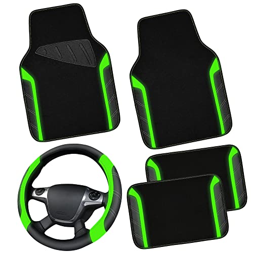 CAR PASS Leather Steering Wheel Cover and Waterproof Car Floor Mats,Microfiber Universal Car Combo Fit for 95% Sedan,SUV,Cars,14.5-15inch Sporty Anti-Slip Comfortable Design(Black＆Fluorescence Green) - color: Black＆Fluorescence Green