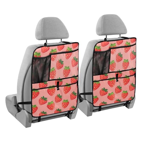 JIPONI Car Backseat Organizer, Strawberrys Pink Automotive Back Seat Protector, Kick Mats with Storage Pockets for Kids Pets, Road Trip Accessories (2 Pack) - color: Pink, size: 2 Pack