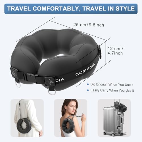 Travel Neck Pillow for Airplane Sleeping – 360° Head Support Prevents Bobbing, 100% Memory Foam Ergonomic Neck Cushion with No-Case-Needed Carry Strap for Long Flights & Car – Washable Cover (Black)