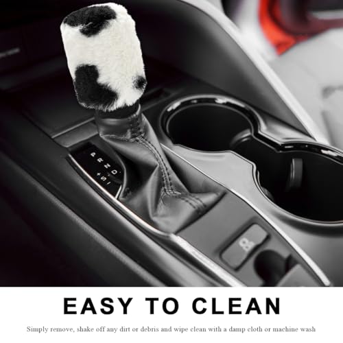 Cow Print Car Accessories Set, Fluffy Cow Print Plush Steering Wheel Cover, Gear Shift Cover, Warm Fuzzy Console Armrest Pad & Handbrake Cover, Car Decoration Accessories (Shift Cover) - color: Shift Cover