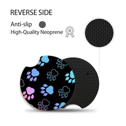 Absorbent Car Coasters for Cup Holders, 2 Pack Universal Neoprene Car Coasters with Finger Slot, Auto Accessories for Women & Men,2.56"(Gradient Black Dog paw Print)
