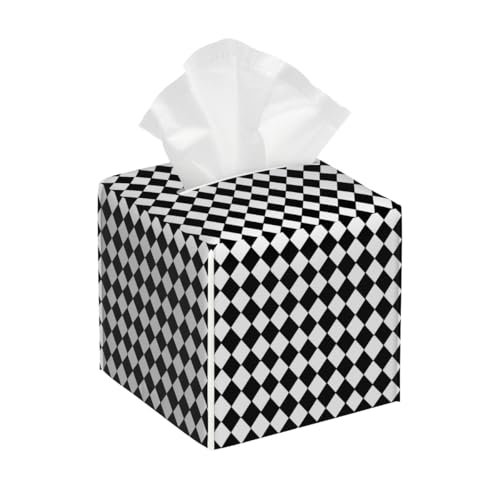 Tissue Box Cover PU Leather Square Tissues Holder Black and White Diamond Checkered Decorative Facial Paper Organizer Dispenser for Bedroom Bathroom Vanity,Home Office Car - color: Black White