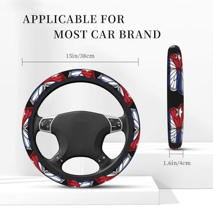 Butterfly Cuban Flag Breathable Neoprene Steering Wheel Cover - Anti-Slip Floral Design Universal Fit for Cars/Trucks/Suvs (14.5"-15" Inch) - color: Butterfly Cuban Flag