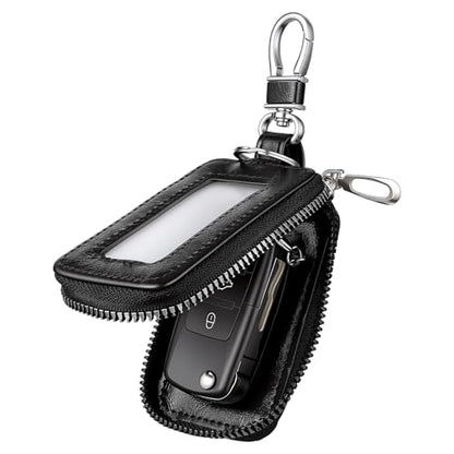 Car Key Case, Universal Leather Key Fob Holder with Metal Hook & Window for Cars Keychain, Remote Keys Fobs