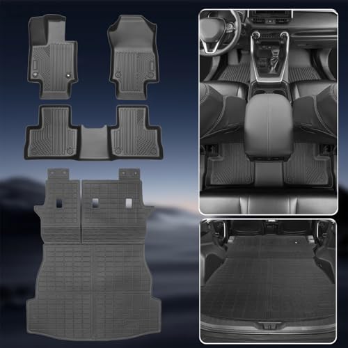 4-Piece Floor Mats for 2019-2025 Toyota RAV4 (Gas & Hybrid), Custom Fit TPE Liners 1st & 2nd Row with Integrated 2-in-1 Cargo & Backrest Protector, All-Weather Interior Guard, Black - size: For Rav4 2-in-1 Full Set 4pcs
