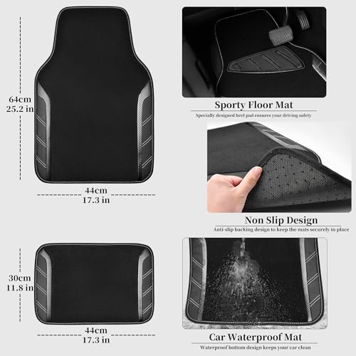 CAR PASS Leather Steering Wheel Cover and Waterproof Car Floor Mats,Microfiber Universal Car Combo Fit for 95% Sedan,SUV,Cars,14.5-15inch Sporty Anti-Slip Safety Comfortable Design(Carbon Fiber Black) - color: Carbon Fiber Black