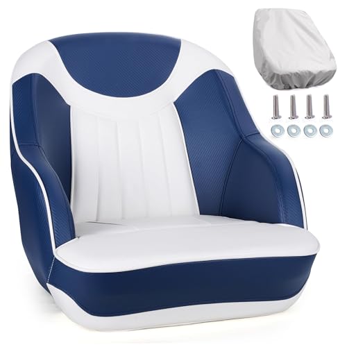 NORTHCAPTAIN Pontoon Boat Seat Captain Bucket Seat with Boat Seat Cover - color: D-White/Navy Blue