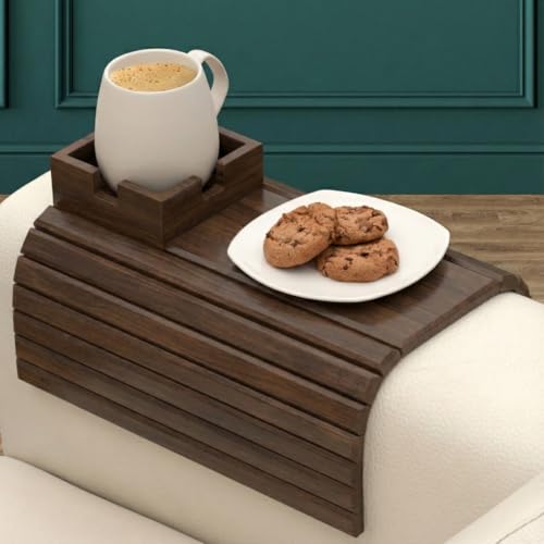 Bamboo Couch Holder - Non-Slip Furniture Protector, Sofa Armrest Table for Mugs & Tumblers – Weighted 16” Large Brown Bamboo Holder for Recliners and Loveseats - color: Brown
