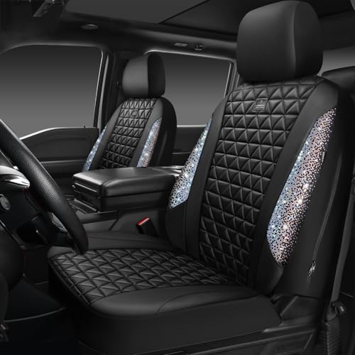 CAR PASS Bling Diamond Leather Car Seat Covers for 2 Front Interior Sets, Waterproof Shining Glitter Sparkly Crystal Universal Armrest Automotive Truck SUV Cute Women Girl, Black Multicolor Rhinestone - color: Bedazzed Multicolor Diamond, size: Two Front