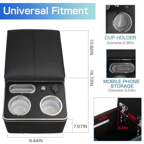 Upgrade Armrest Storage Box with Cup and Phone Holder for Car & Van & Truck Floor Cab Back Bench Seat Center Console Organizer Black