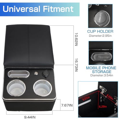 Upgrade Armrest Storage Box with Cup and Phone Holder for Car & Van & Truck Floor Cab Back Bench Seat Center Console Organizer Black