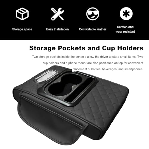 Car Center Console Armrest Pillow, Multifunctional Armrest Box Cover with Cup Phone Tissue Holder & Side Pockets, Waterproof Leather Middle Console Cushion for Most Vehicles (Black, Embroidered) - color: Black, size: Embroidered