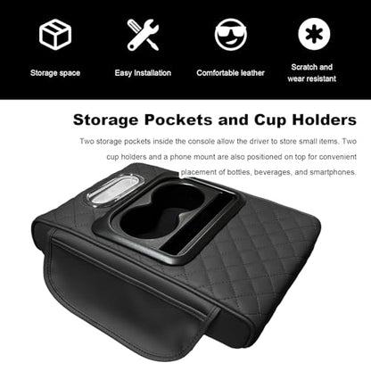 Car Center Console Armrest Pillow, Multifunctional Armrest Box Cover with Cup Phone Tissue Holder & Side Pockets, Waterproof Leather Middle Console Cushion for Most Vehicles (Black, Embroidered) - color: Black, size: Embroidered
