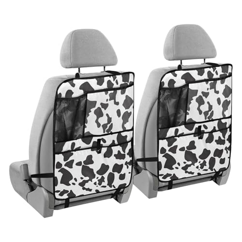 JIPONI Car Backseat Organizer, Cow Print 3 Automotive Back Seat Protector, Kick Mats with Storage Pockets for Kids Pets, Road Trip Accessories (2 Pack) - color: Cow, size: 2 Pack