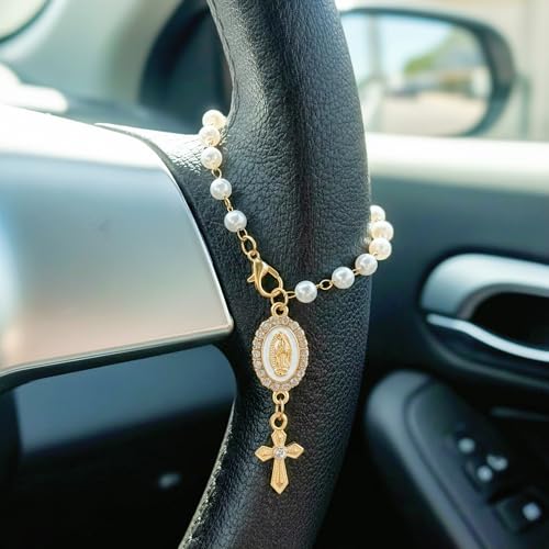 Steering Wheel Rosary Charm Accessory, Cross Steering Wheel Charm, Cross for Car, Car Rosary for Rearview Mirror, Auto Rear View Mirror Protection Charms Decor, Religious Catholic Gift