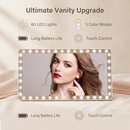 Car Sun Visor Vanity Mirror, 3 Light Modes & 60 LEDs, Rechargeable Dimmable Touch Screen Travel Makeup Mirror,Universal for Truck SUV-Car Accessories Essentials for Women（White）