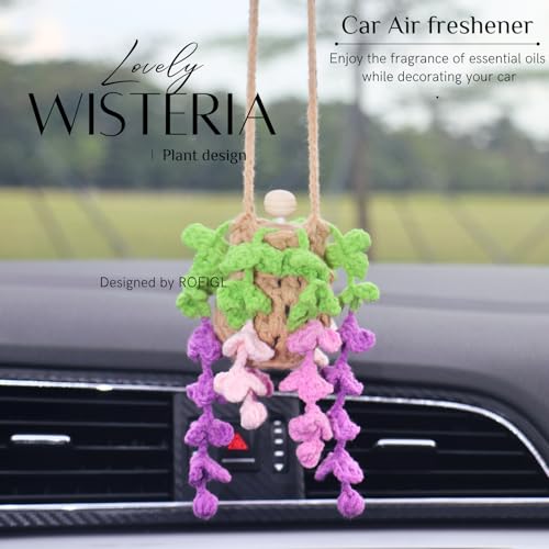 ROFIGL Handmade Crochet Hanging Car Air Freshener - Botanical Wisteria Blossom Design with 12ml Refillable Glass Essential Oil Bottle, Long-Lasting Car Diffuser & Nature-Inspired Decor - style: Wisteria