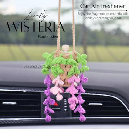 ROFIGL Handmade Crochet Hanging Car Air Freshener - Botanical Wisteria Blossom Design with 12ml Refillable Glass Essential Oil Bottle, Long-Lasting Car Diffuser & Nature-Inspired Decor - style: Wisteria