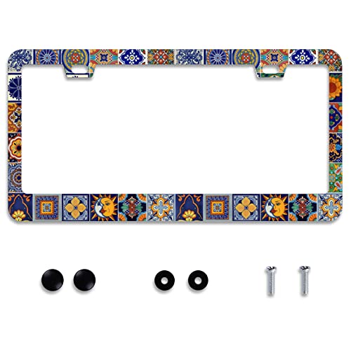 Personalise Mexican Tiles License Plate Frames Mandala Boho License Plate Frame Car Universal Stainless Steel Accessories Cars Decorative 2 Holes Screws Fits Standard US Vehicles Size 12.2 x 6 Inches - color: Mexican Tiles Mandala
