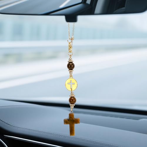 Cross Crystal Car Charm for Rear View Mirror, Cute Boho Car Mirror Hanging Accessories for Women (Yellow) - color: Yellow