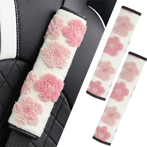 2 Pack Cute Floral Seat Belt Cover, Soft Plush Lamb Wool Shoulder Pad with Hook & Loop Easy Install, Universal Fit Car Accessories (Pink)