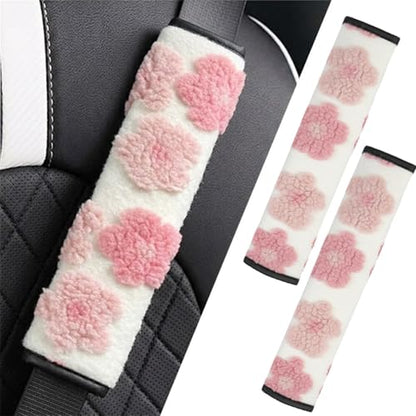 2 Pack Cute Floral Seat Belt Cover, Soft Plush Lamb Wool Shoulder Pad with Hook & Loop Easy Install, Universal Fit Car Accessories (Pink)