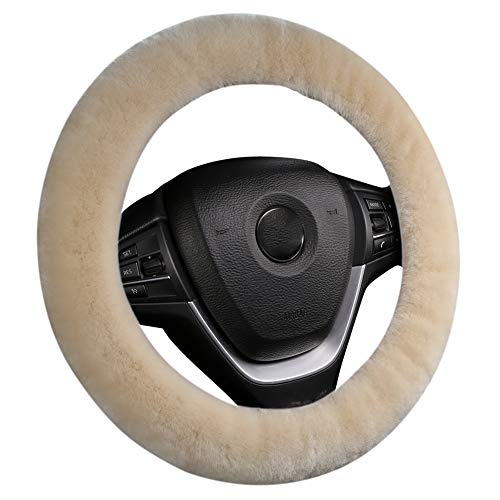 Soft Fluffy Warm Genuine Sheepskin Car Steering Wheel Cover, Fuzzy Fur Wool Protector for Winter Universal Car 14 1/2inch-15 1/2inch, Anti-Slip Comfortable Auto Accessories (Pearl) - color: Pearl