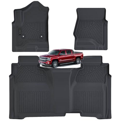 Floor Mats for 2014-2018 Chevy Silverado GMC Sierra 1500 Crew Cab, 2015-2019Chevrolet Silverado/Sierra 2500 HD/3500 HD Crew Cab TPE All Weather Protection Car Floor Liners Accessories - size: 2014-19|For Silverado GMC|2st