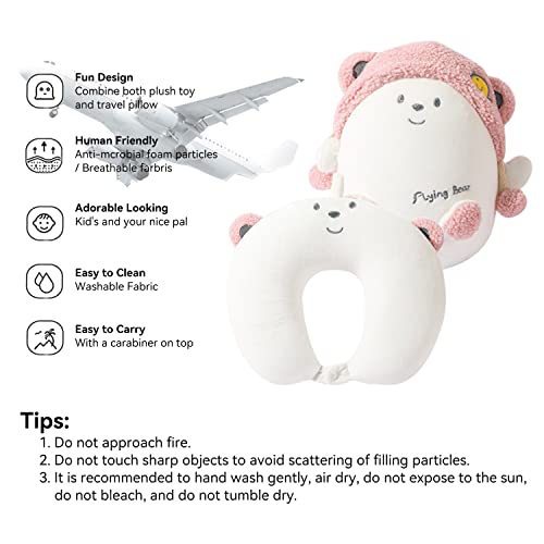 Kids Travel Pillow - 2-in-1 Deformable Kids Neck Pillow for Traveling, Soft U-Shaped Pillow with Adorable Animal Design, Comfy Sleep and Play, Ideal for Airplanes and Cars - Pink Bear - size: Pink Flying Bear