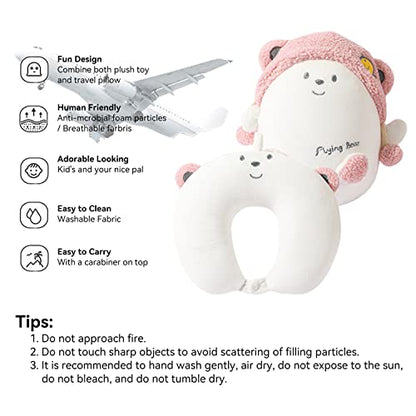 Kids Travel Pillow - 2-in-1 Deformable Kids Neck Pillow for Traveling, Soft U-Shaped Pillow with Adorable Animal Design, Comfy Sleep and Play, Ideal for Airplanes and Cars - Pink Bear - size: Pink Flying Bear