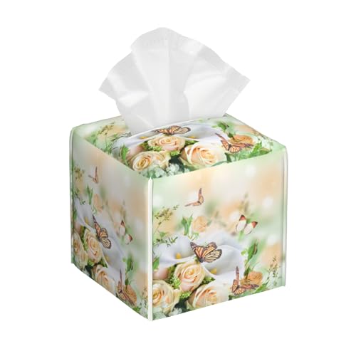 Rose Flowers and Butterfly Tissue Box Cover Square,Yellow Roses Floral Tissue Box Holder Waterproof Leather Facial Paper Organizer Dispenser for Bathroom Home Car Nightstand Vanity Desk - color: Color-9