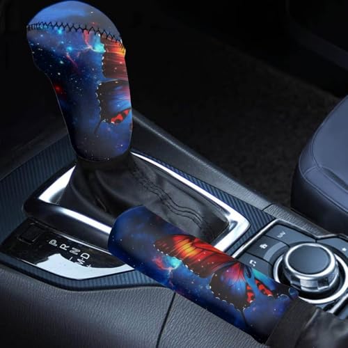 AFPANQZ Car Gear Shift Knobs Covers with Hand Brake Cover Sleeve 2 Piece Set Butterfly Starry Cloud Print Car Hand Brake Cover for Women Men, Car Accessories for Women Men - color: Butterfly Starry Cloud