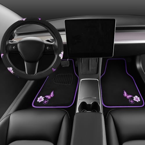 CAR PASS Butterfly Steering Wheel Cover and Waterproof Car Floor Mats,Purple Car Mats 14.5-15inch Steering Wheel Covers Universal Fit for Suvs,Sedans Cars,for Women Girl(Black and Purple) - color: Black and Purple Butterfly