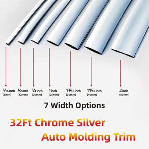32Ft Automotive Car Exterior and Interior Molding Trim Universal Bumper Window Door Body Side and Household Furniture Surfaces Decorative Strip Scratch-Proof (5/16 inch (8mm), Chrome Silver)