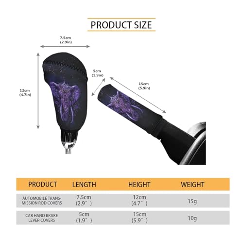 Boho Elephant Print 2 Pcs Car Handbrake Cover with Gear Shift Knob Cover, Soft Stretchy Car Gear Shift Cover and Handbrake Cover Set, Universal Fit Car Interior Accessories, Easy to Install - color: Boho Elephant - Purple and Black