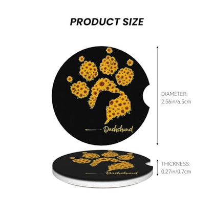 Absorbent Ceramic Car Coasters for Cup Holders, Dachshund Sunflower Dog Paw Design 2.56" Anti Slip Universal Drink Cup Coasters for Women Men (2 Pack) - color: Dachshund Sunflower Dog Paw