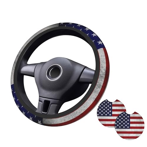 American Flag Steering Wheel Cover - Vintage American Flag Steering Wheel Cover Anti-Slip Breathable Universal for 15 Inch Car with 2 Pieces Car Coasters Suitable for Men Women - color: American Flag