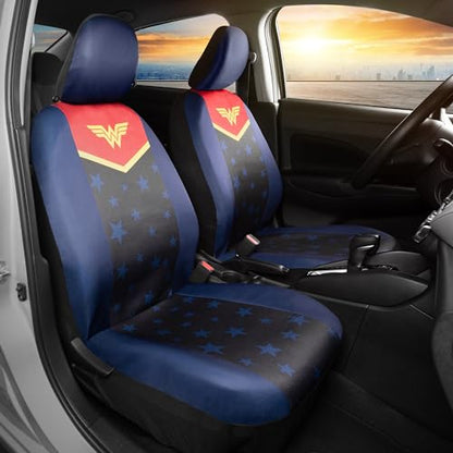 Warner Bros DC Comics Wonder Woman Car Accessories Seat Covers - Front Pair Includes Removable Head Cover, Matching Seat Belt Pads, Side Airbag Compatible, Universal Fit, Waterproof - size: 2 Front, style: Wonder Woman
