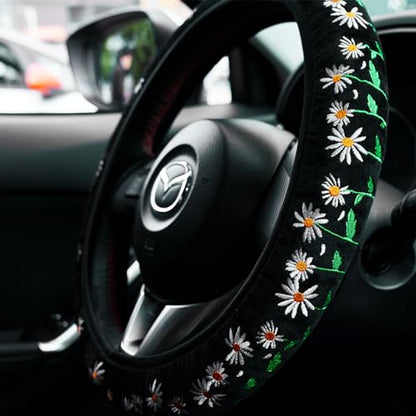 Embroidered Cute Daisy Black Steering Wheel Cover,Flower Steering Wheel Cover Protector for Women,Universal Fit Most Cars -15 inch - color: Black