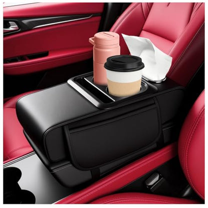 5-in-1 Car Armrest Storage Box,Multifunctional PU Leather Organizer with Phone Holder & Cup Holder & Side Pockets,Universal Car Armrest Cushion Fit for Most Cars SUVs