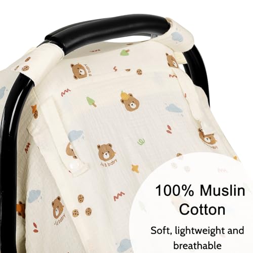 Muslin Car Seat Cover Baby - Breathable and Privacy Car Seat Canopy with 3 Modes - Easy Install & Gift Box Packaging, Universal Fit for Infant Car Seats, Bear