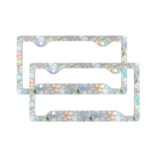 2 Pack Stained Glass Floral License Plate Frames,Colorful Wildflower Womens Cute Stainless Steel License Plate Holders Covers with Screws Fasteners Caps
