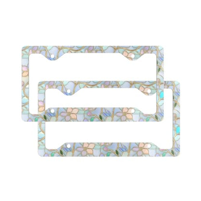 2 Pack Stained Glass Floral License Plate Frames,Colorful Wildflower Womens Cute Stainless Steel License Plate Holders Covers with Screws Fasteners Caps