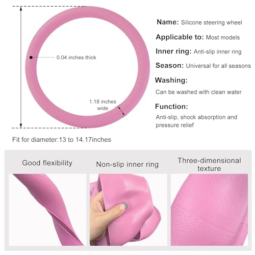 DXNQ Car Steering Wheel Cover, 13 to 14.17 inches Anti-Slip Silicone Steering Wheel Protector, Soft Flexible Shock-Absorbent Steering Wheel Protective Cover for Most Car Models (Pink) - color: Pink