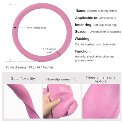 DXNQ Car Steering Wheel Cover, 13 to 14.17 inches Anti-Slip Silicone Steering Wheel Protector, Soft Flexible Shock-Absorbent Steering Wheel Protective Cover for Most Car Models (Pink) - color: Pink