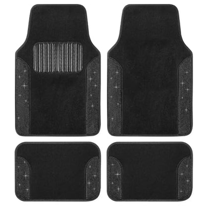 Carbella Diamond Bling Car Mats 4-Piece Set, Shiny Rhinestone Crystal Carpet Car Floor Mats, Two-Tone Floor Mats for Cars, Cute Automotive Interior Car Accessories for Women (Black)