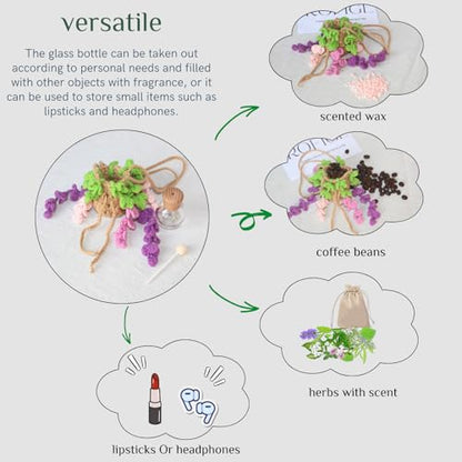 ROFIGL Handmade Crochet Hanging Car Air Freshener - Botanical Wisteria Blossom Design with 12ml Refillable Glass Essential Oil Bottle, Long-Lasting Car Diffuser & Nature-Inspired Decor - style: Wisteria