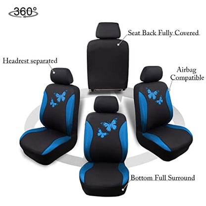 Flying Banner Butterfly car seat Covers ful Set Fashion Universal Lady Woman Female Rear Bench Split Colorized (Full Set, Blue) - color: Blue, size: Full set